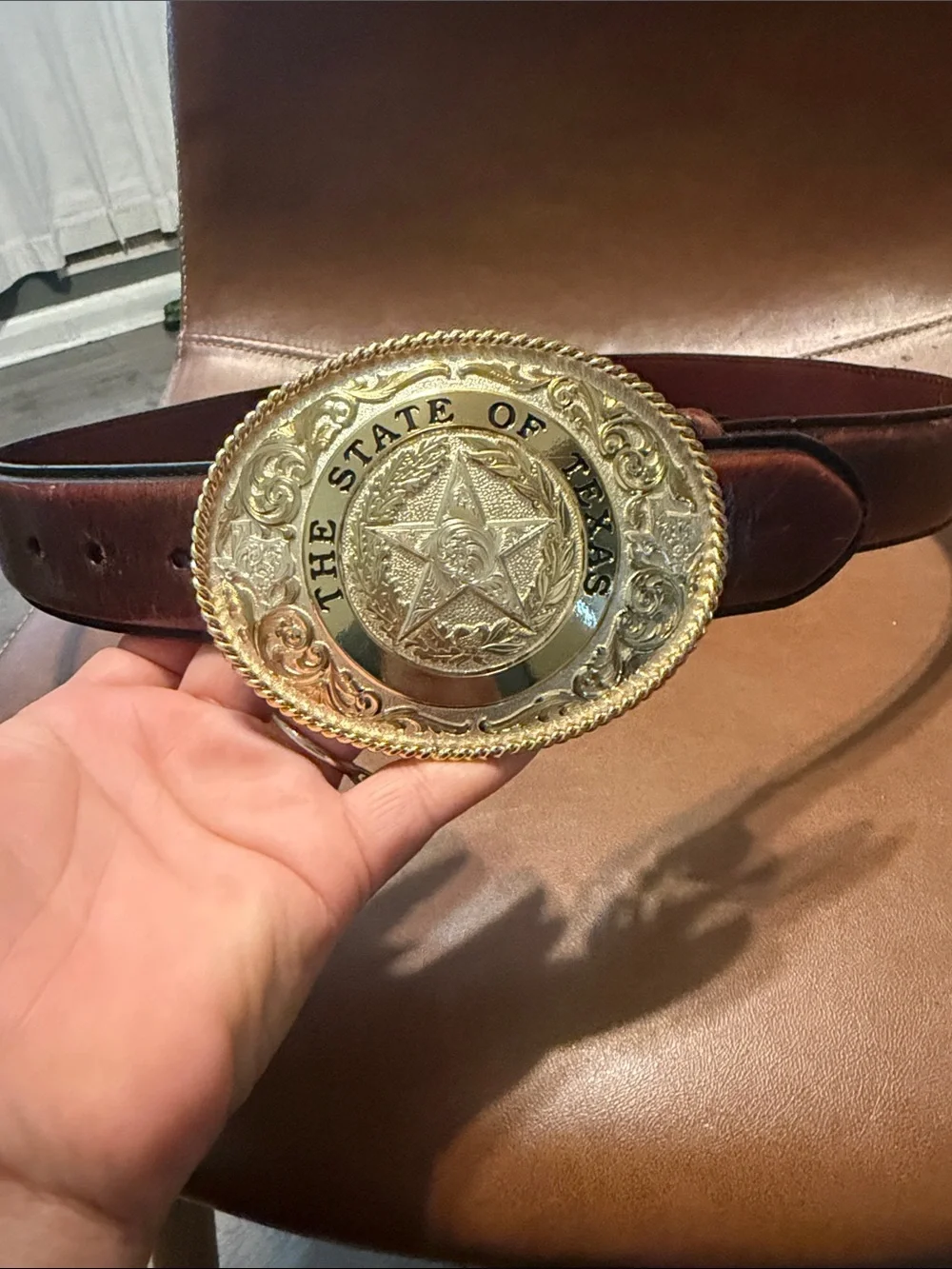 Montana Silversmiths Brown Leather Belt with Gold Texas State Buckle